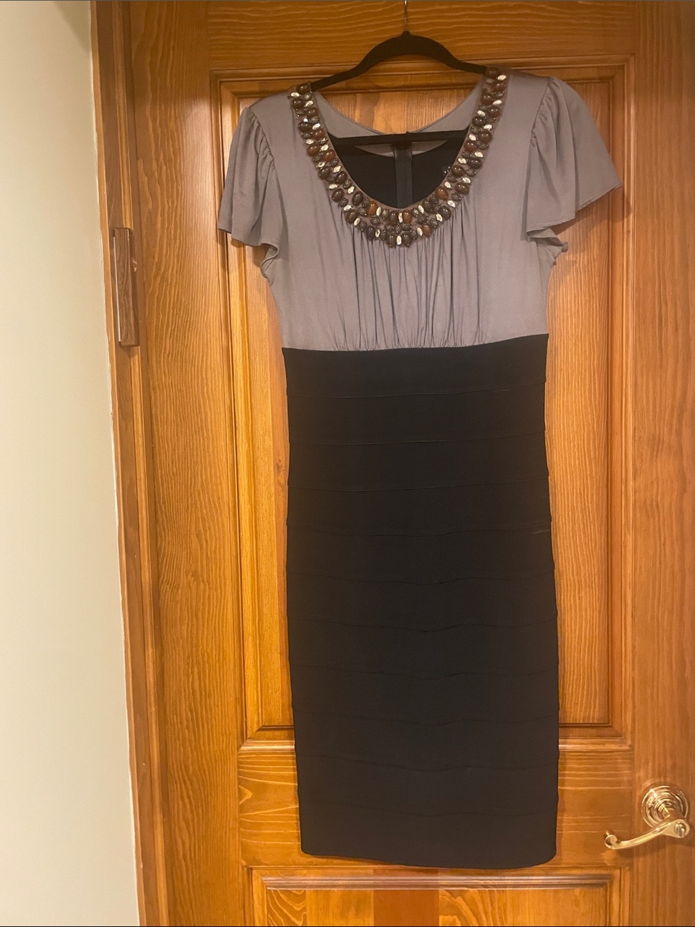 Gray and Black Jeweled Neck Midi Dress